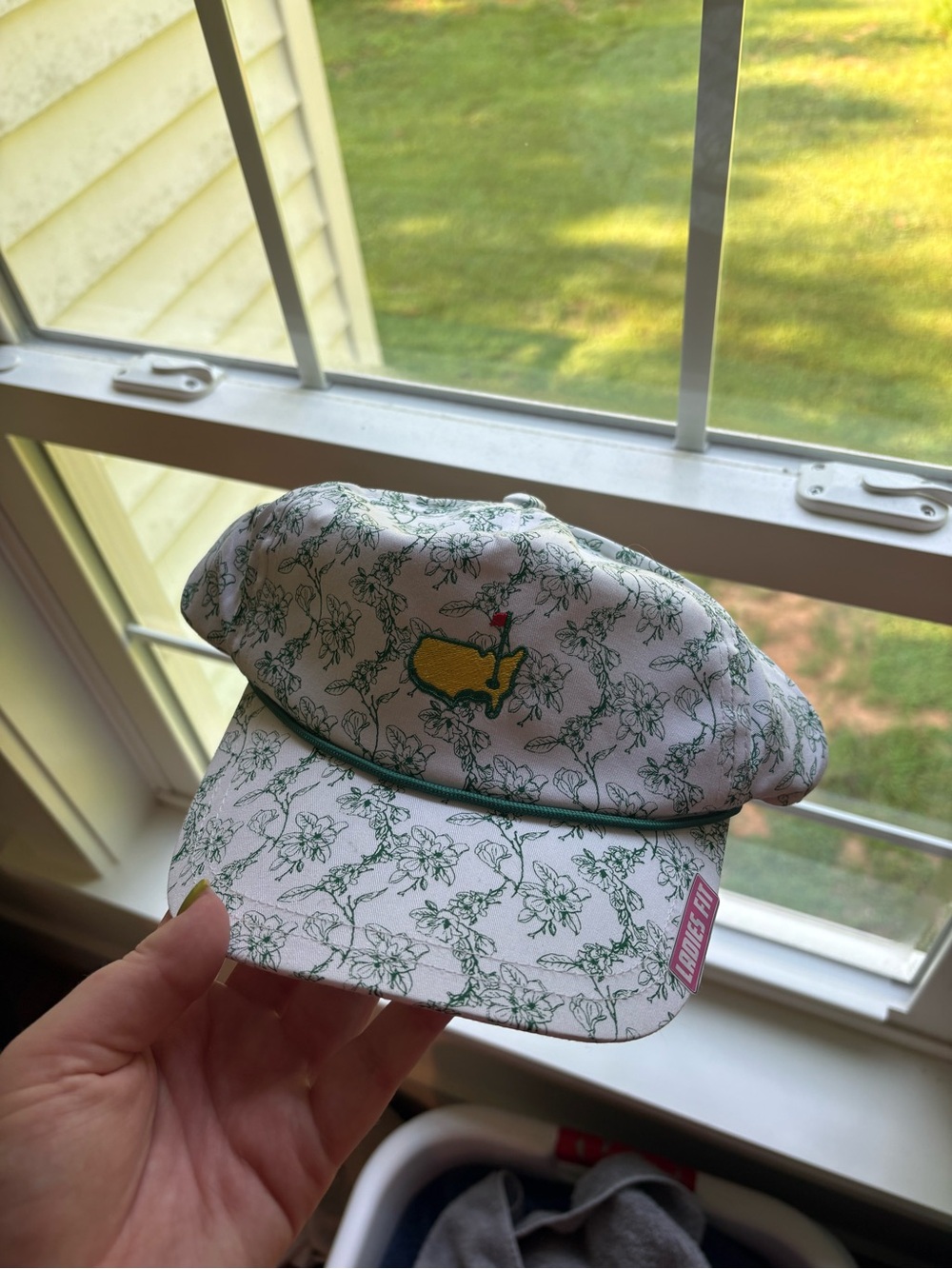 Masters White Floral Golf Cap with Green Trim and Yellow Crest